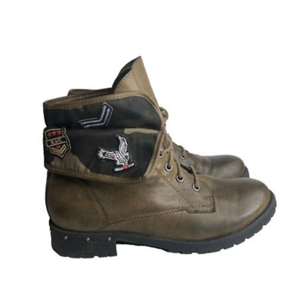 Rock &‎ Candy DEANE Olive Green Combat Boots Patches Military Womens 9.5